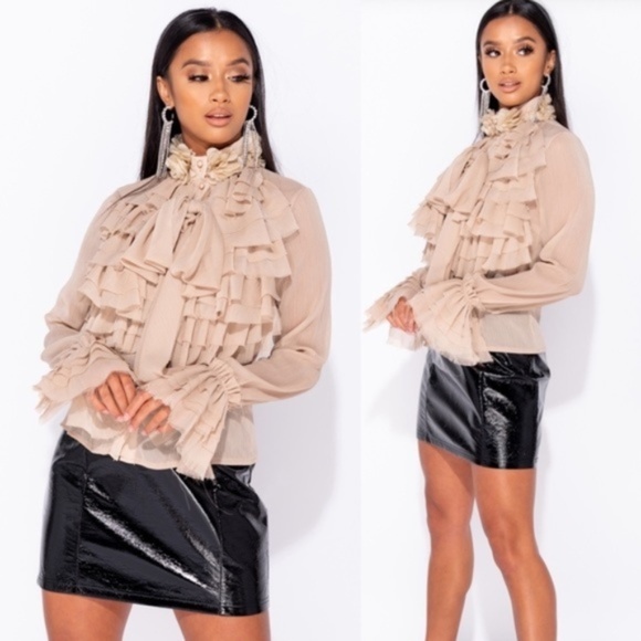 Paris&Pearle Tops - Natalia Nude Ruffle Front Pussy Bow Blouse Top
